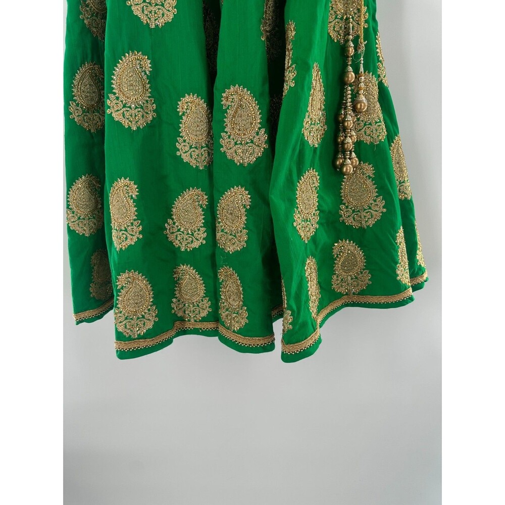 Indian Lehenga Maxi Emerald Green Gold Paisley Embroidered Flare Skirt Sz Small - Picture 5 of 8